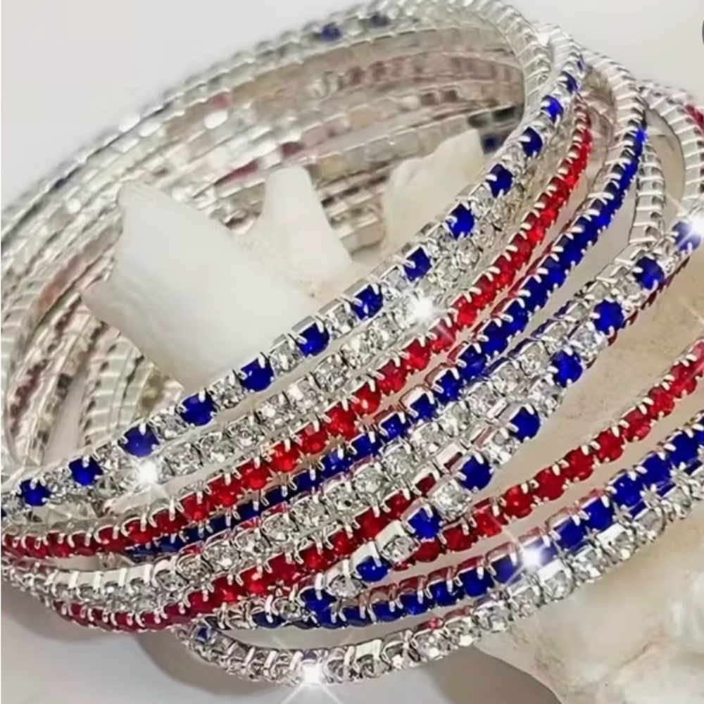 Silver Red & Blue Crystal Bangle Set.  Can be worn together or separately.